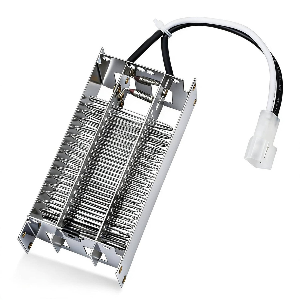 Bathroom fan heating element with metal frame and white wiring harness