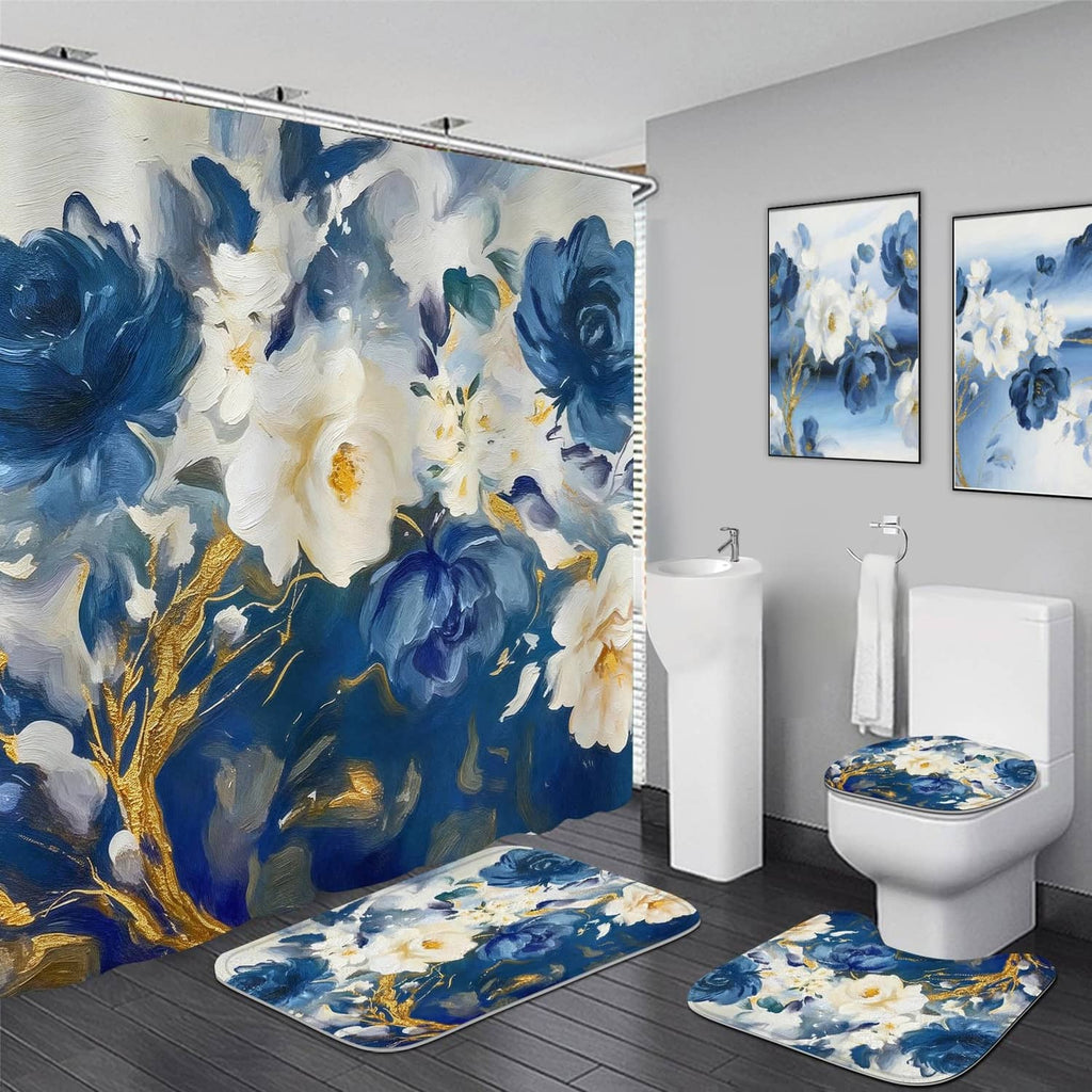 Blue floral shower curtain set with bath rug and toilet lid cover