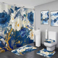 Blue floral shower curtain set with bath rug and toilet lid cover