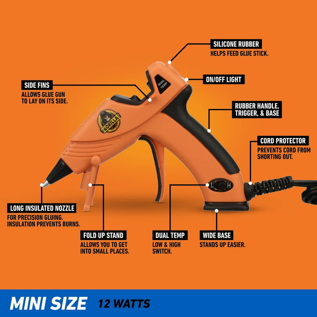 Mini orange hot glue gun diagram with silicone grip, triggers, nozzle, and fold-up stand