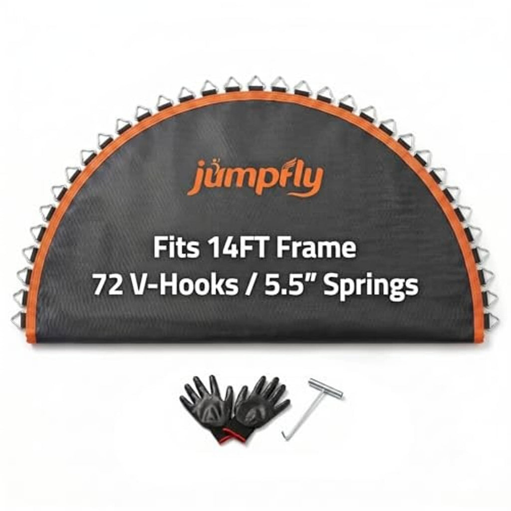 14FT trampoline replacement mat, black with orange trim, V-hooks and spring tools included