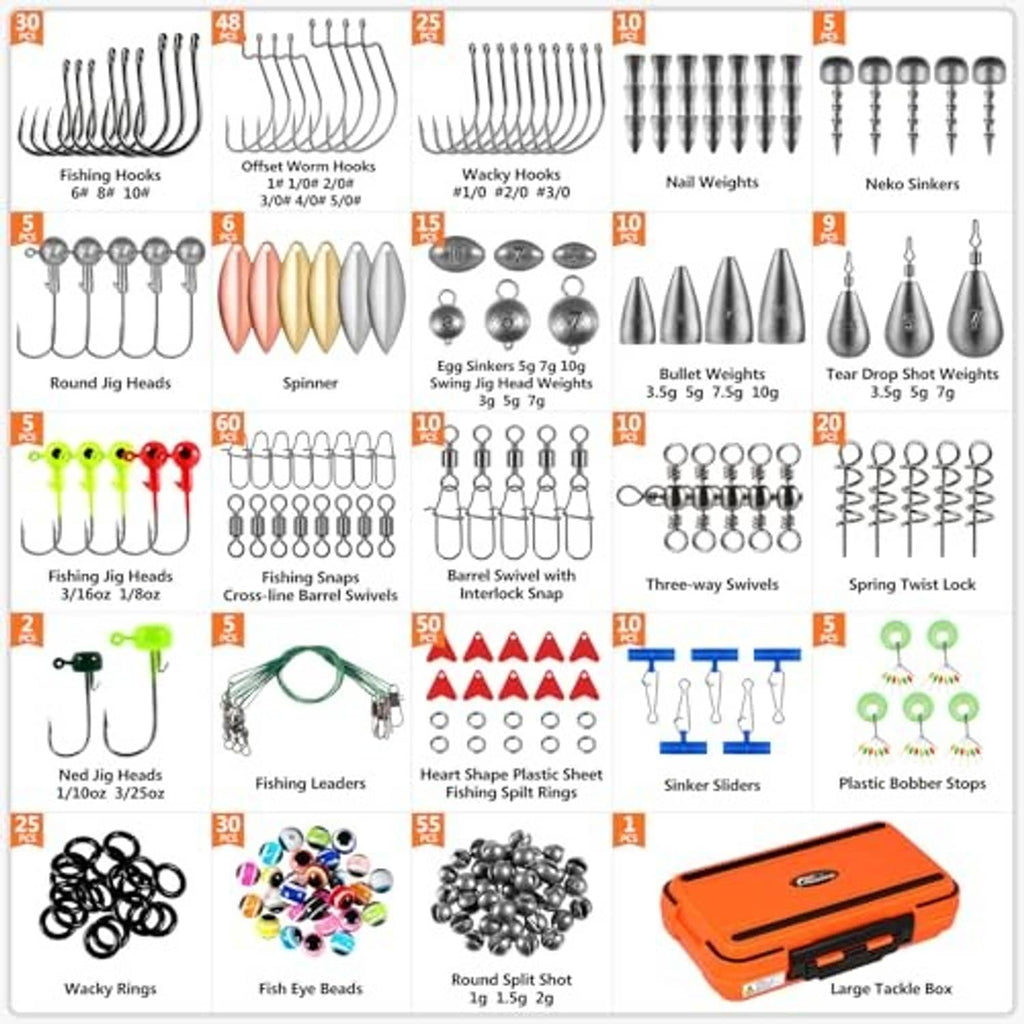 Fishing tackle assortment with hooks, weights, swivels, and an orange storage case