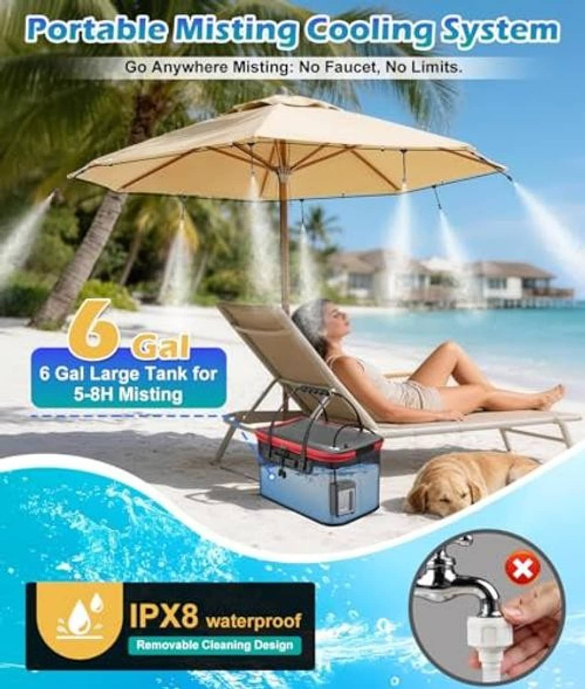 Portable misting cooling system with 6-gal tank and mist jets under a patio umbrella