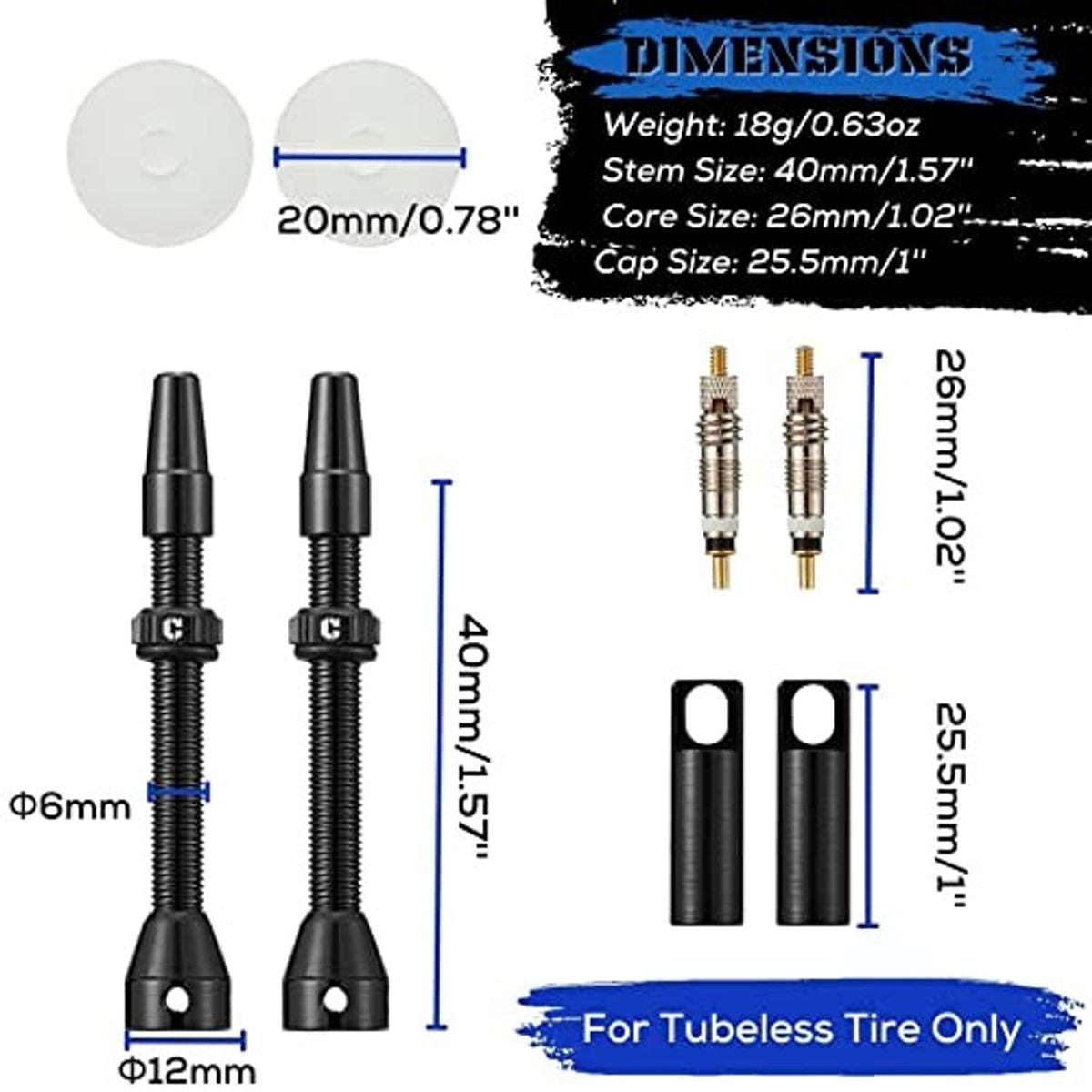 Presta tubeless valve stem diagram with multiple lengths, white caps, and spare cores
