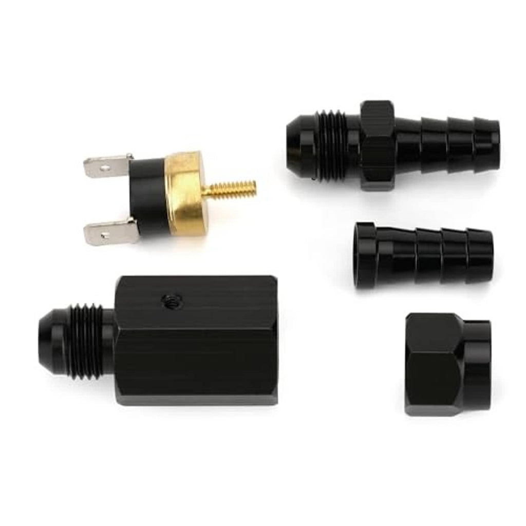 Black in-line thermostat switch with brass terminal and barbed end connectors