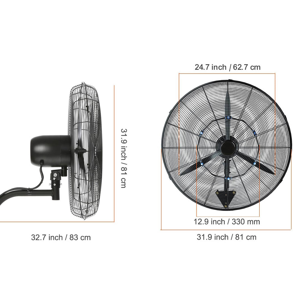 Wall-mount misting fan size diagram with tall grille frame and circular fan face