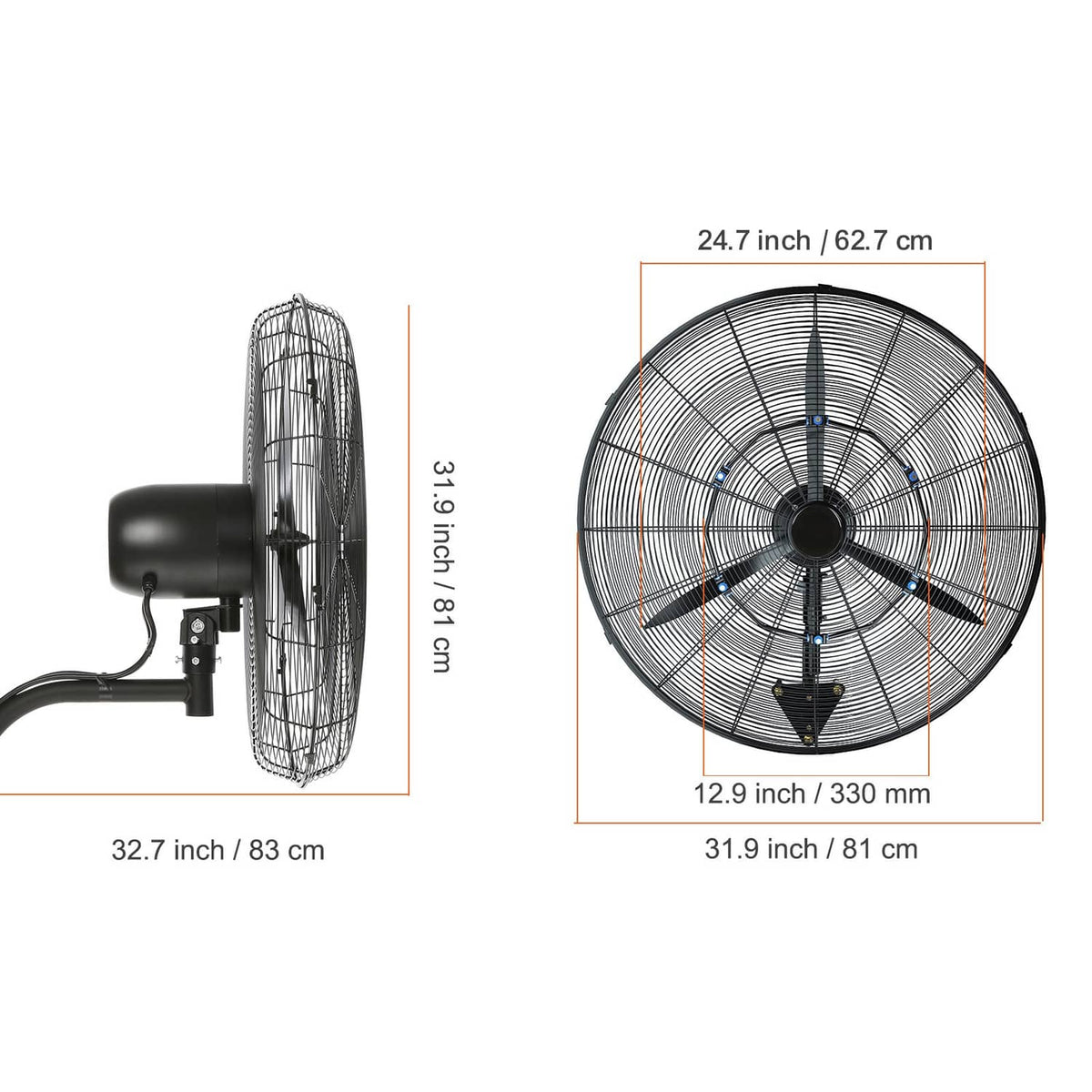 Wall-mount misting fan size diagram with tall grille frame and circular fan face