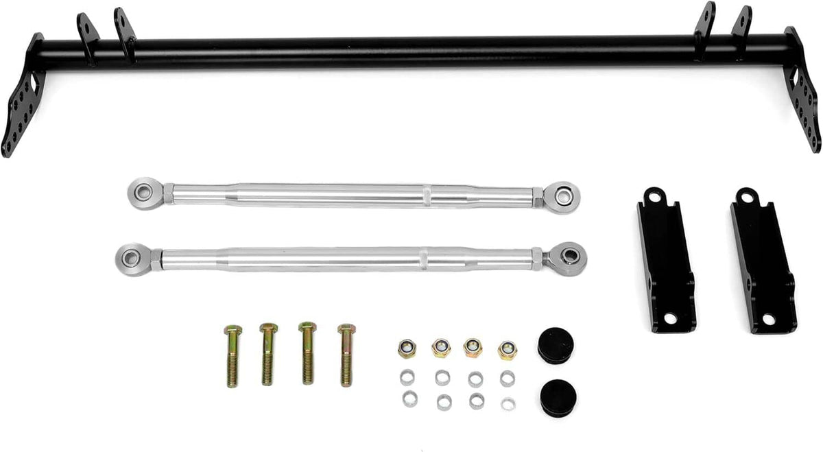 Front traction control tie bar kit components: black bar, silver links, brackets, bolts
