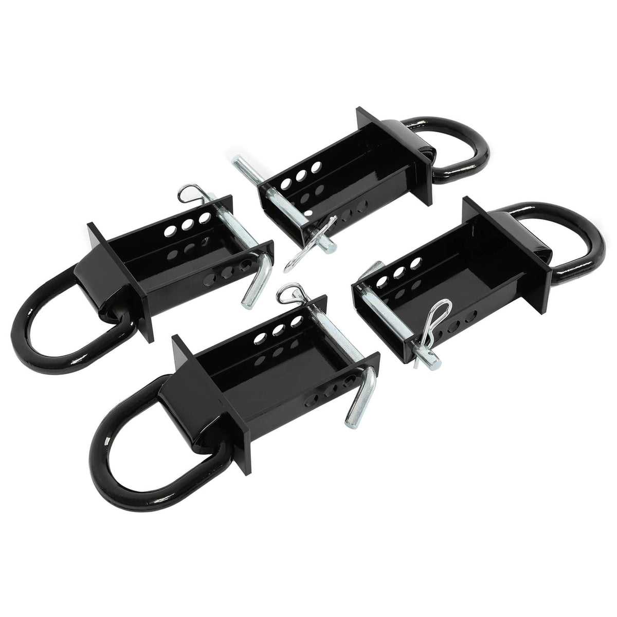 Set of black trailer tie-down stake pocket brackets with D-rings and threaded bolts