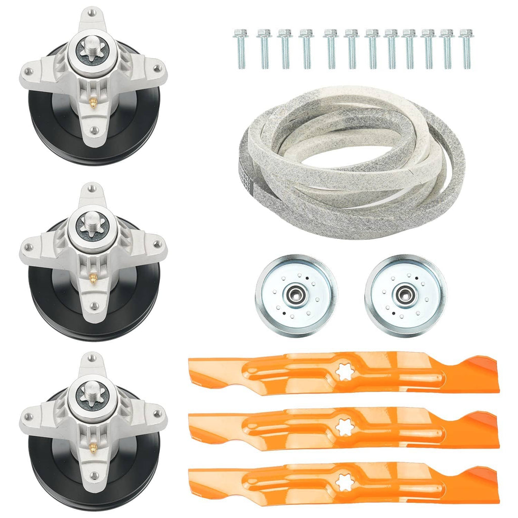 Lawn mower pulley rebuild kit with belt and orange deck blade parts