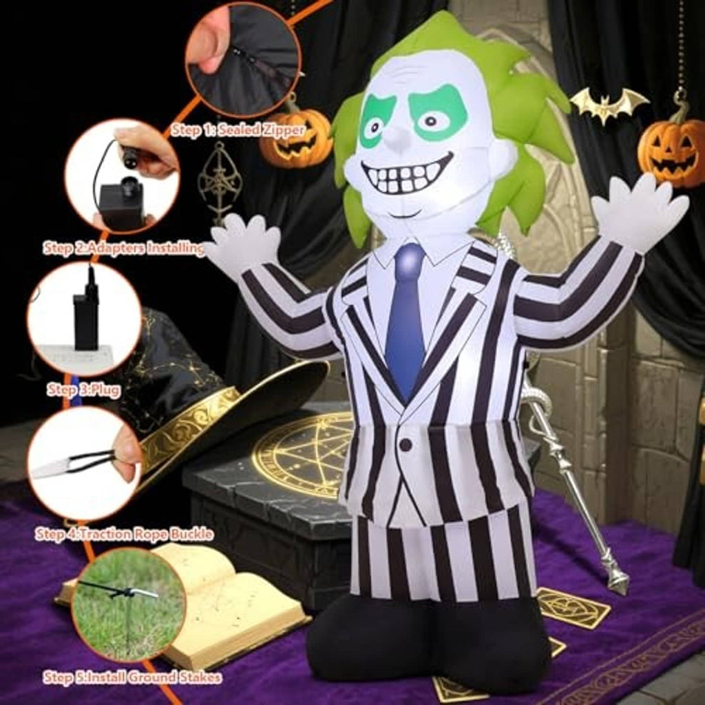 Halloween inflatable weirdo suit with green hair, striped vest and shirt, blue tie, black pants