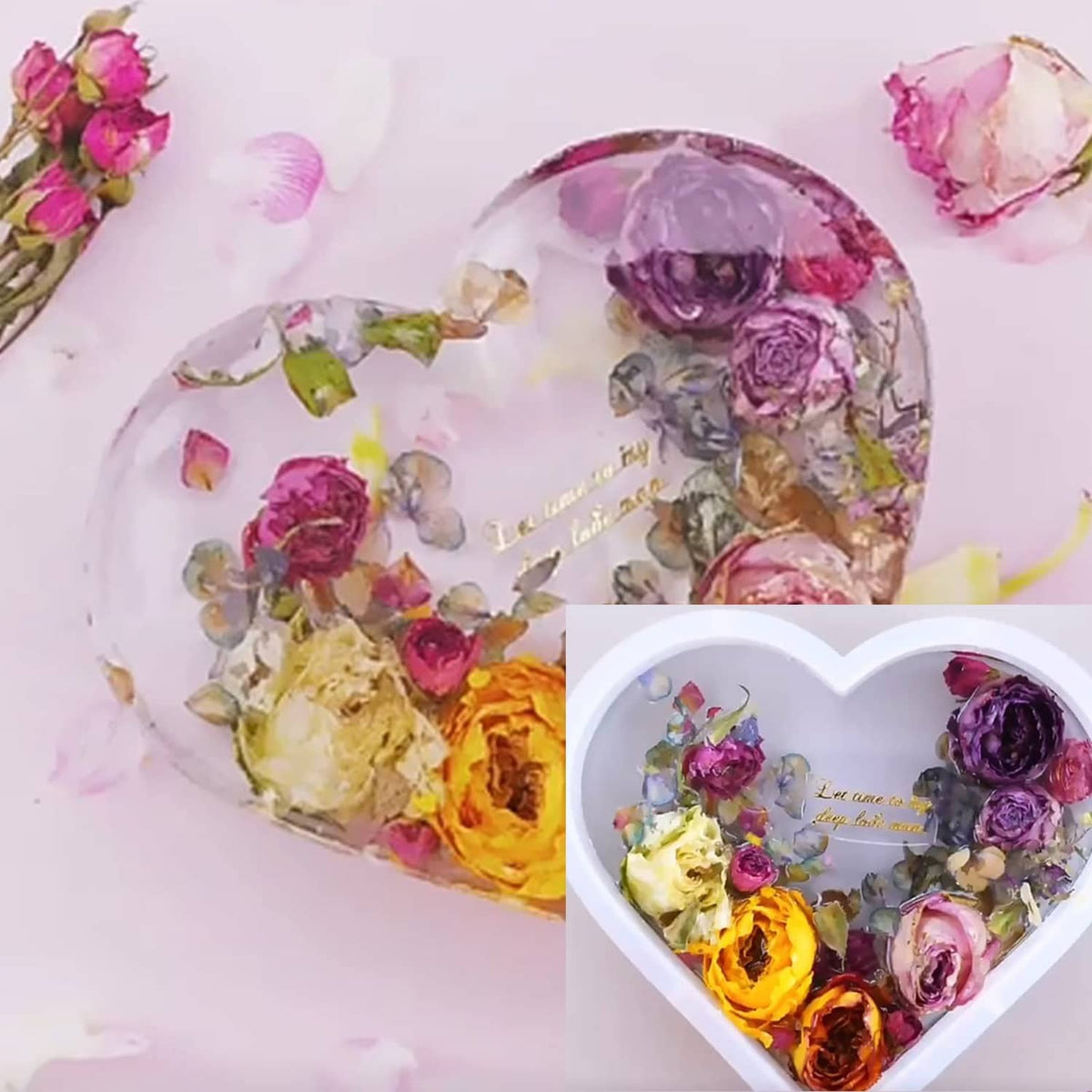 Heart resin piece with embedded dried flowers inside a white heart mold