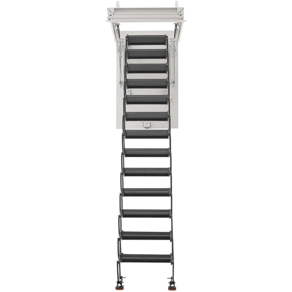Ceiling-mounted metal attic stairs with black folding ladder steps