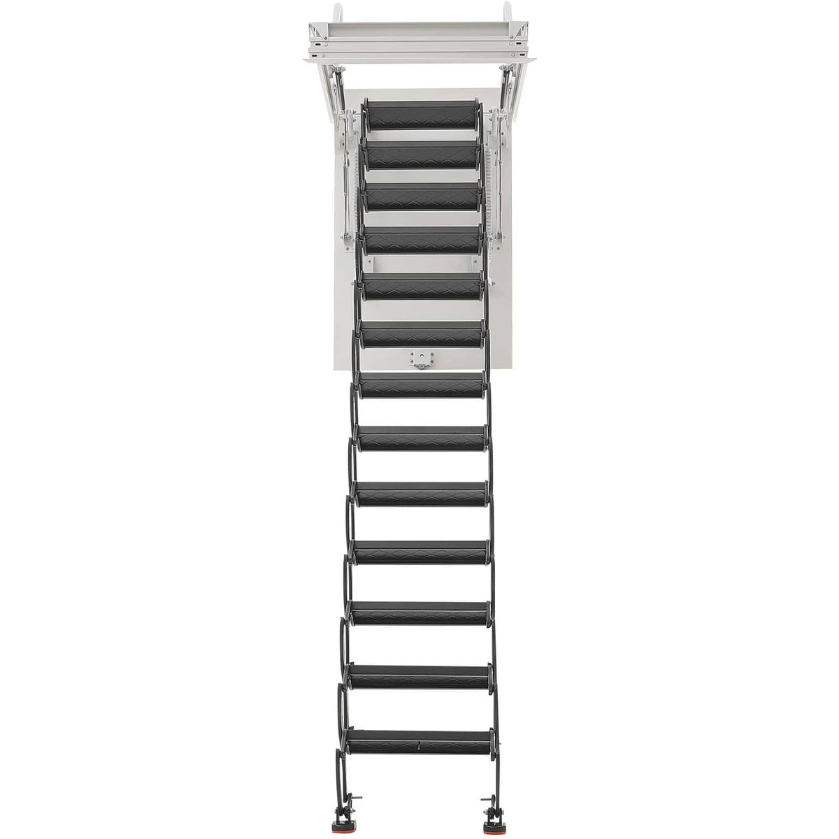 Ceiling-mounted metal attic stairs with black folding ladder steps