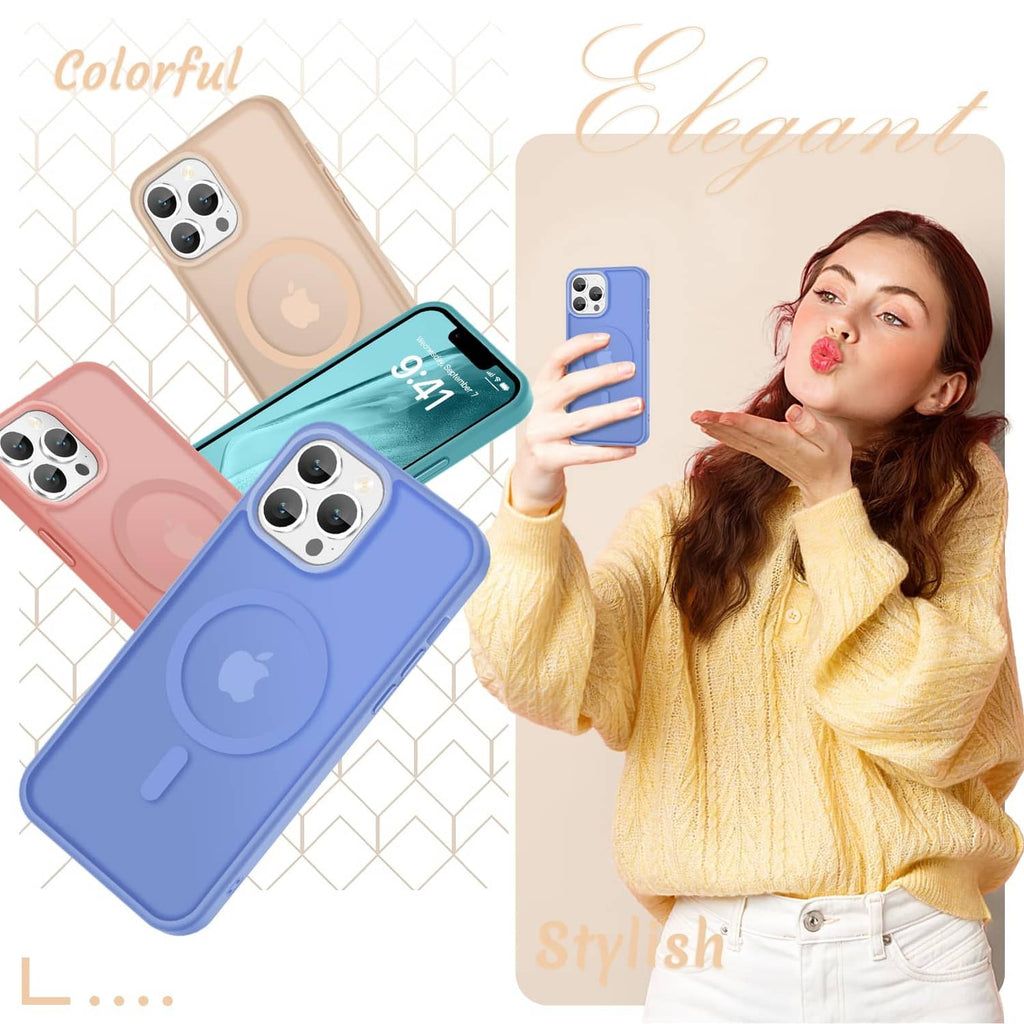 Matte blue phone case with MagSafe-style ring, circular back grip, and camera cutouts