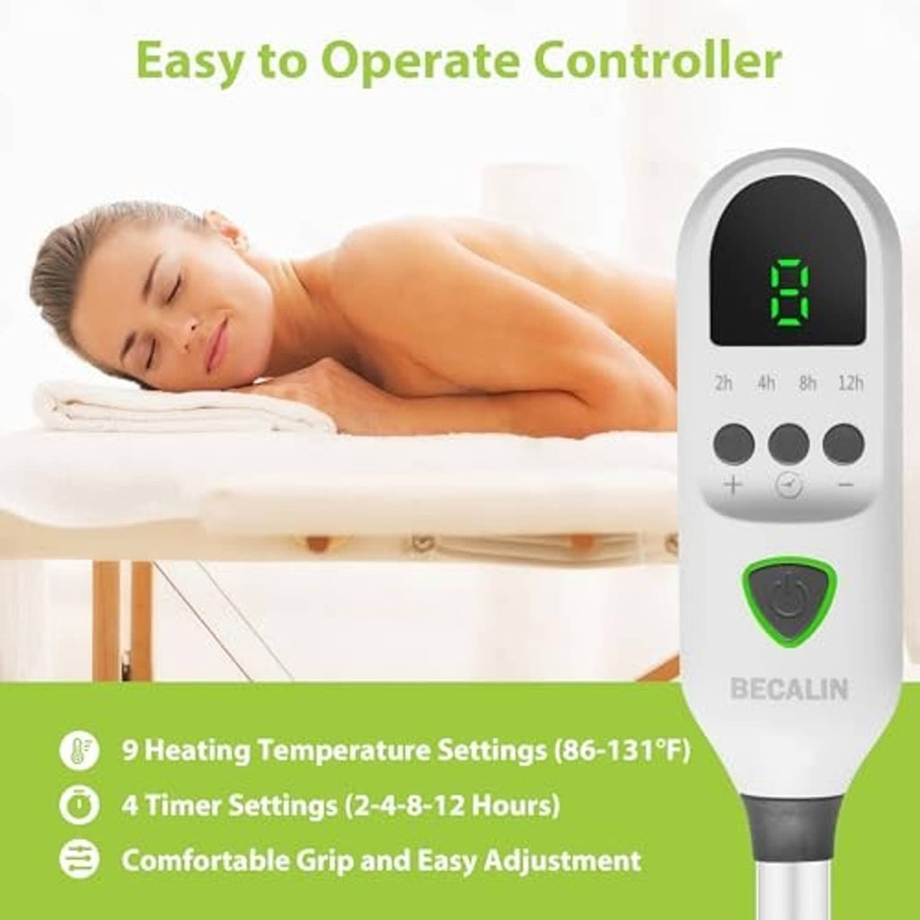 Massage table warmer controller with digital screen beside heated pad