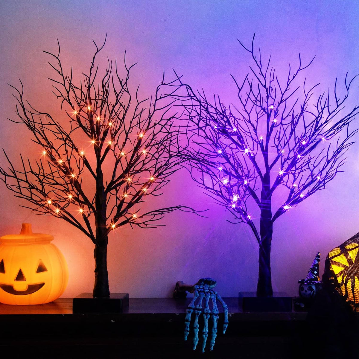 Lighted Halloween decorative tree with purple and orange LED lights, black trunk, base