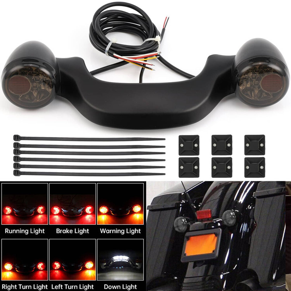 Black LED light bar with two bullet turn/brake lamps, wiring harness, rods, and bracket set.