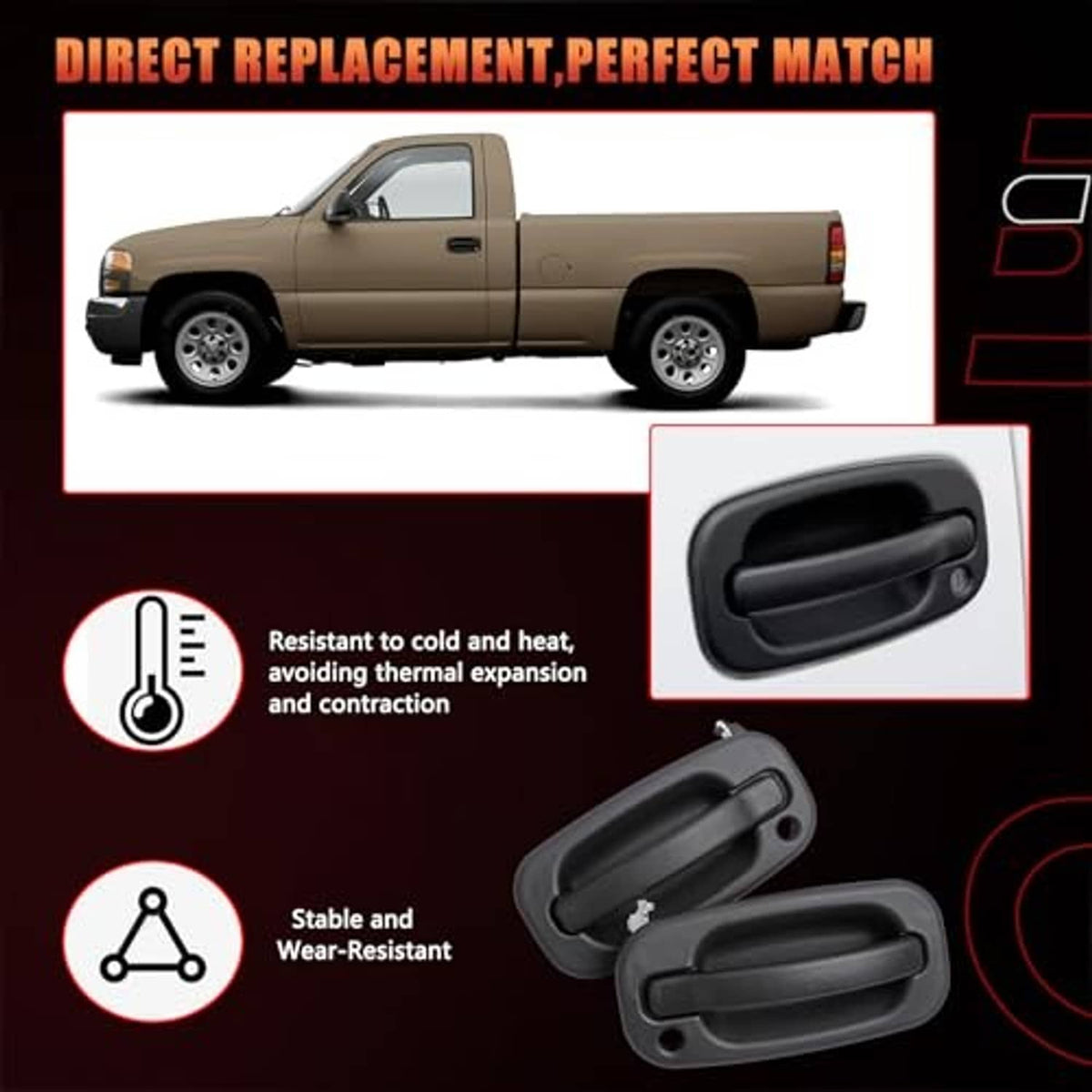 Black exterior door handle pair with lever grips and mounting holes
