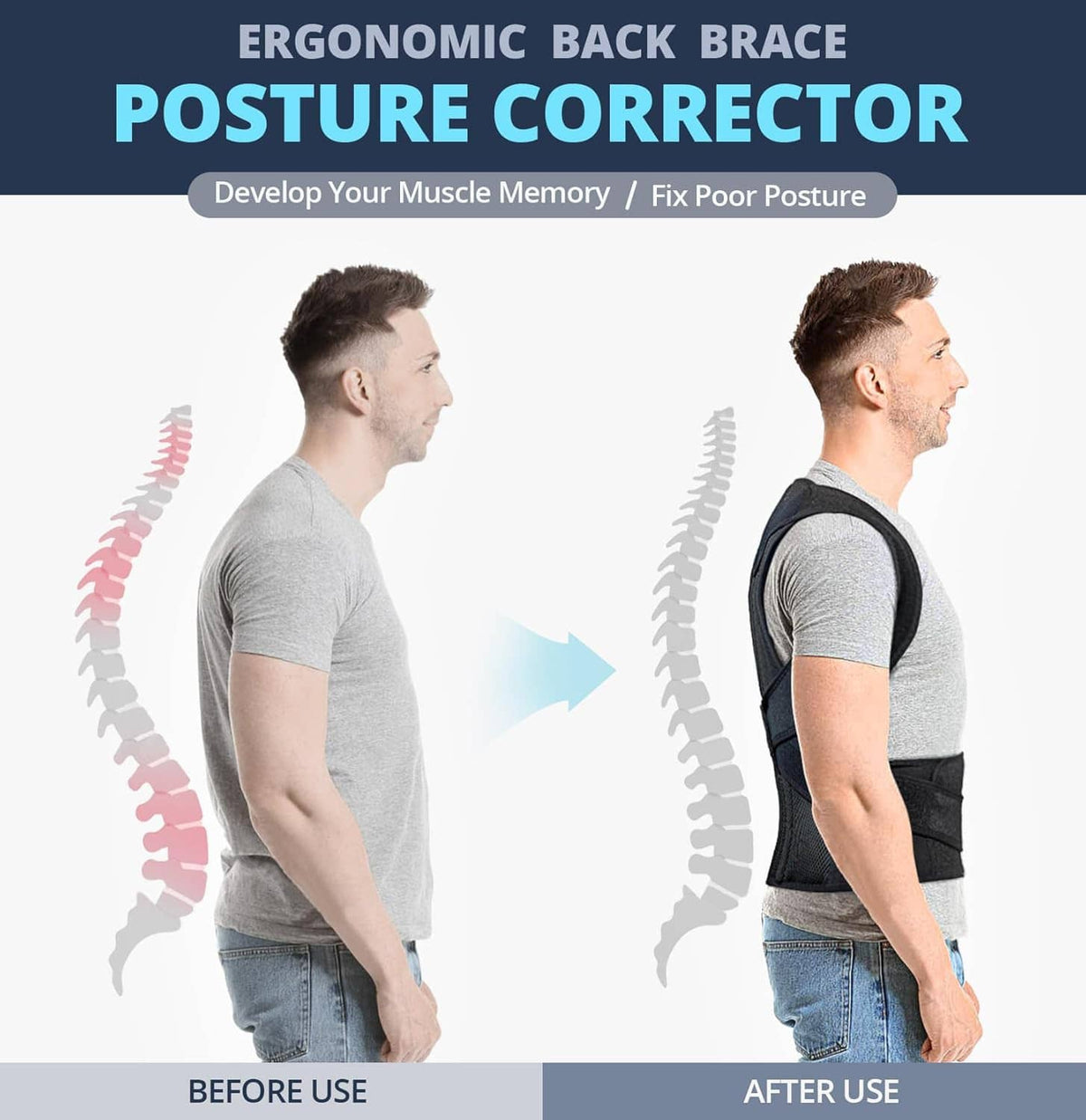 Ergonomic posture corrector back brace on a man, black mesh with blue spine support strips