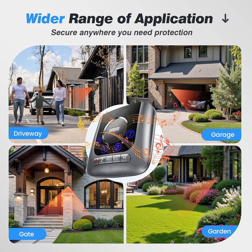 Solar wireless driveway alarm receiver with control buttons and speaker grille