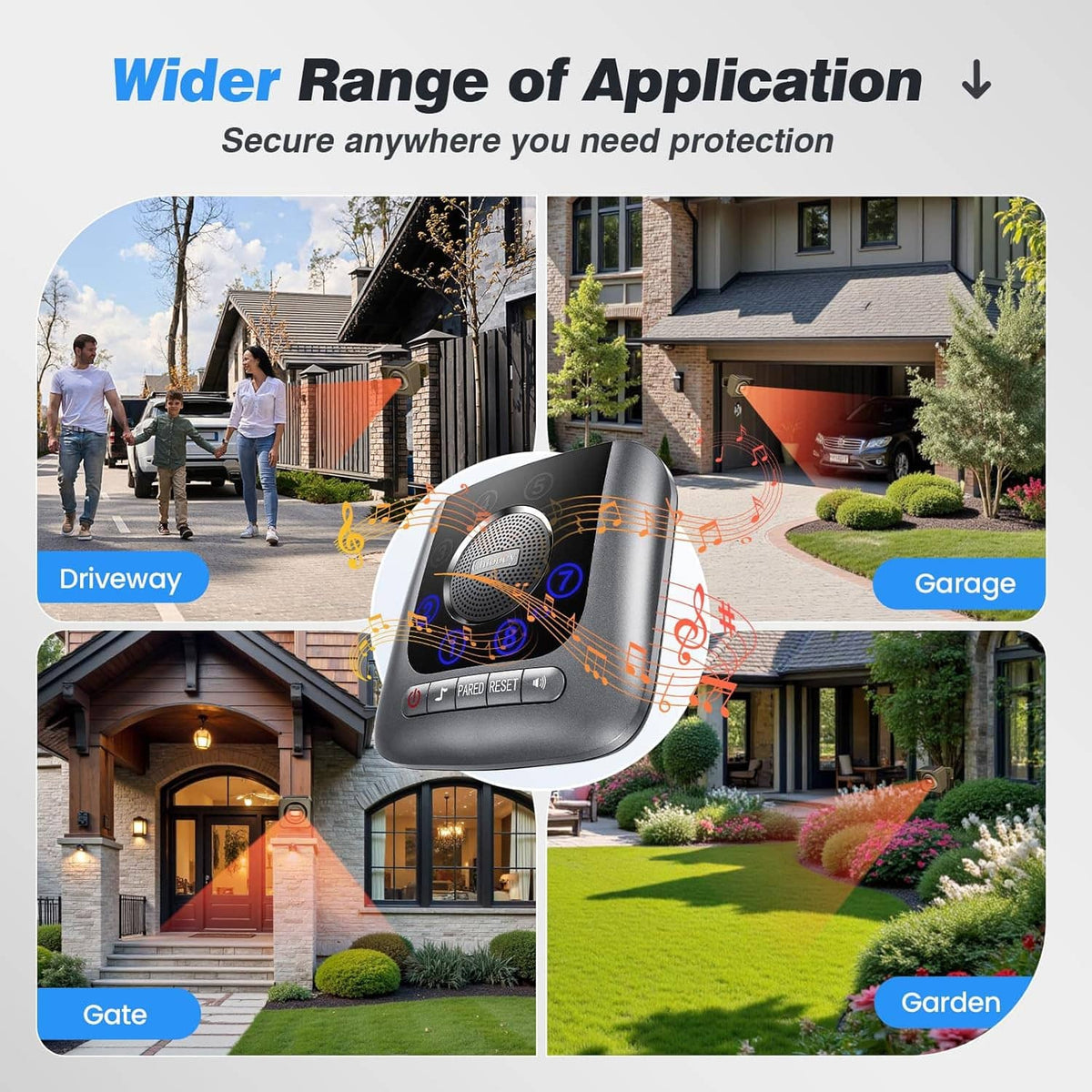 Solar wireless driveway alarm receiver with control buttons and speaker grille