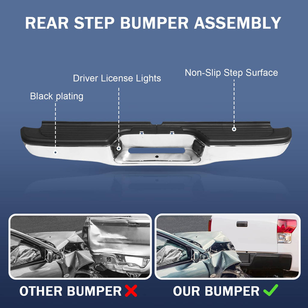 Rear step bumper assembly with black non-slip step pads and chrome center plate