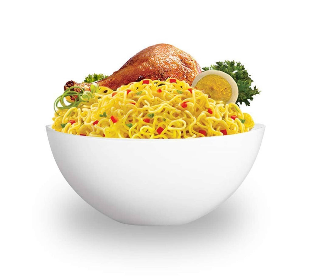 Seasoned instant noodles in white bowl topped with fried egg and vegetables