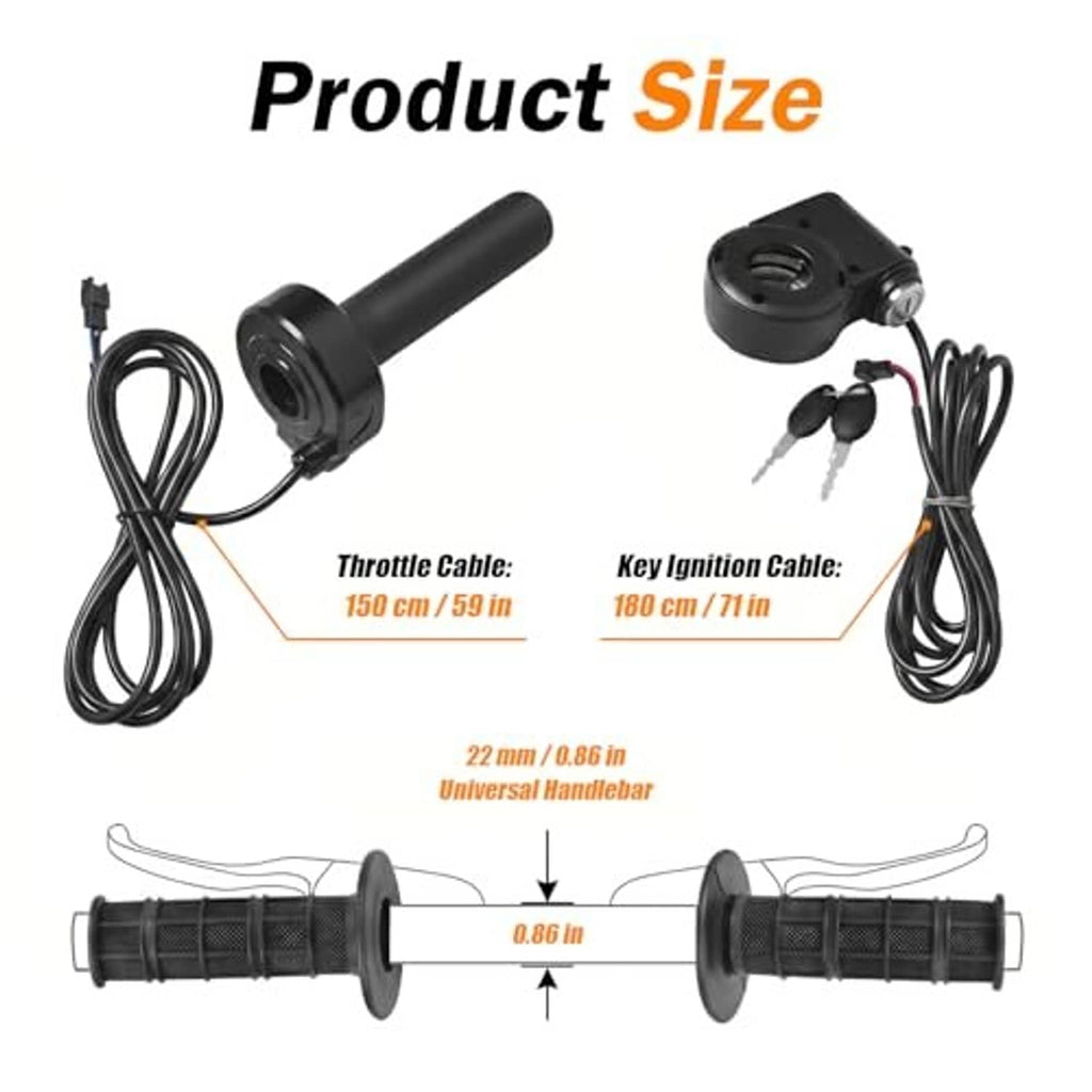 Throttle grip kit with cable lengths, key ignition switch, and two handlebar grips