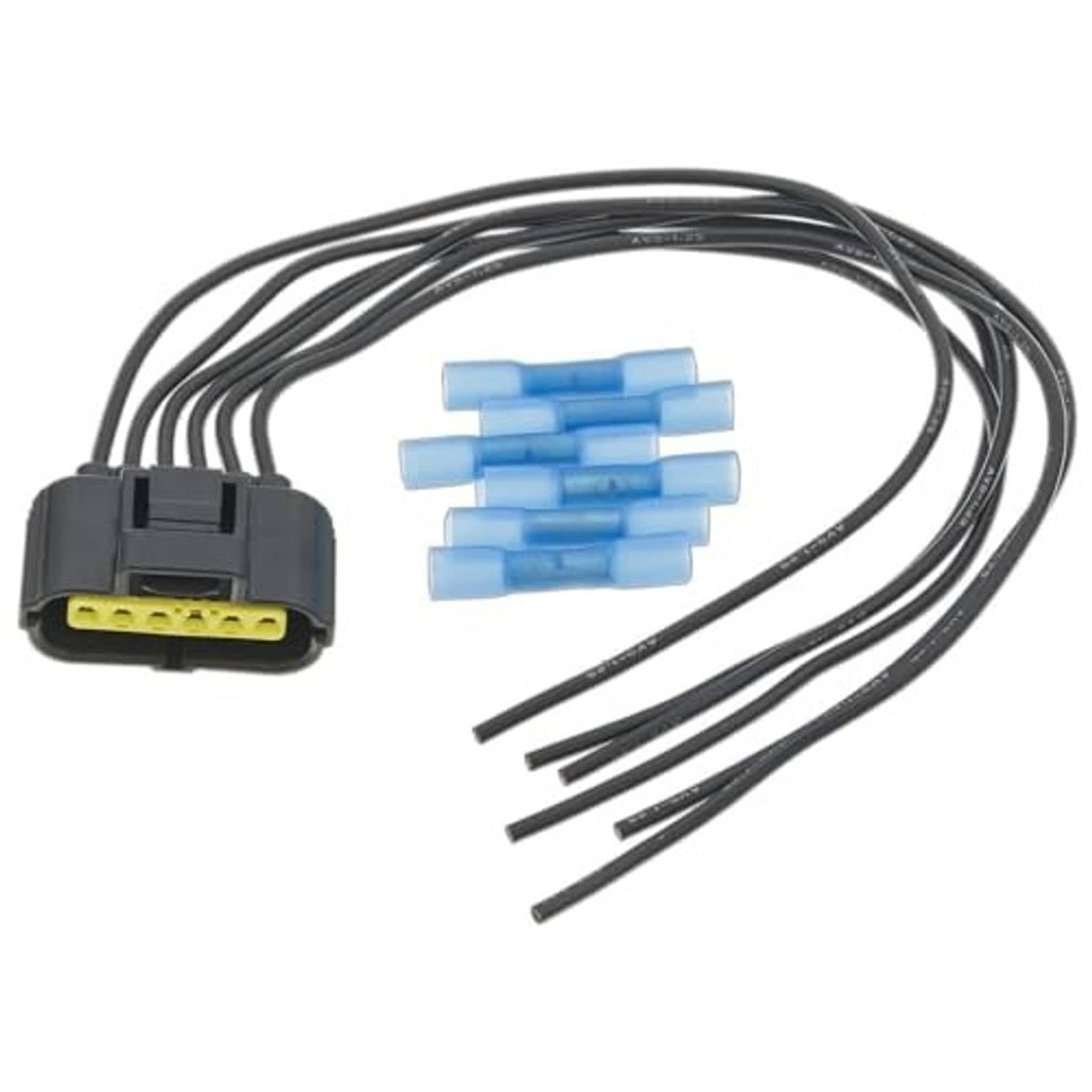 MAF pigtail connector set with wire harness, blue butt splices, black plug