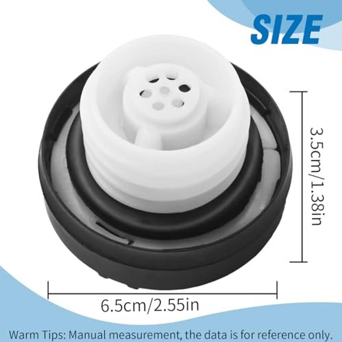 Black fuel tank filler cap with white inlet insert and black outer ring