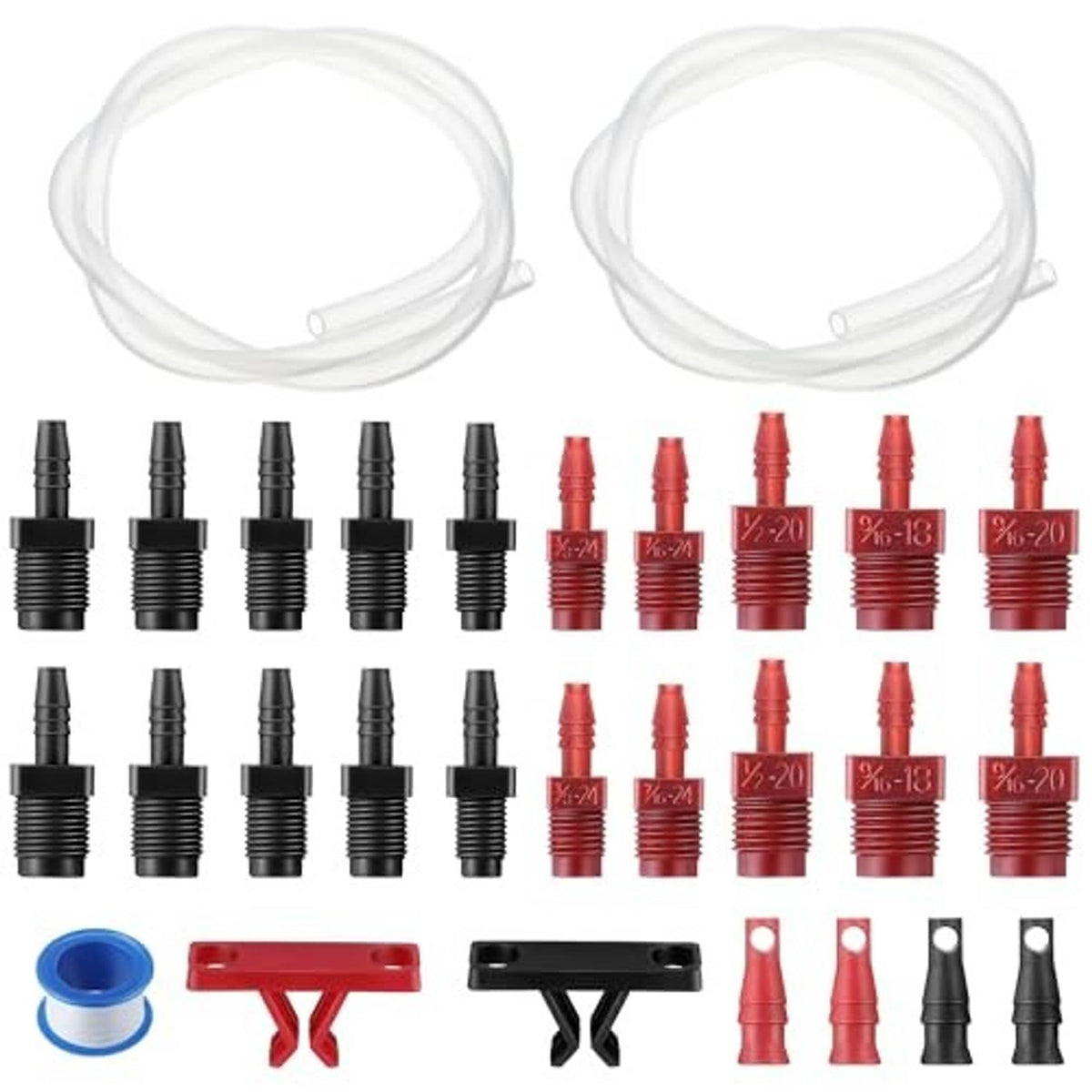 Brake bleeder kit assortment with two clear hoses, red and black adapters, and clips