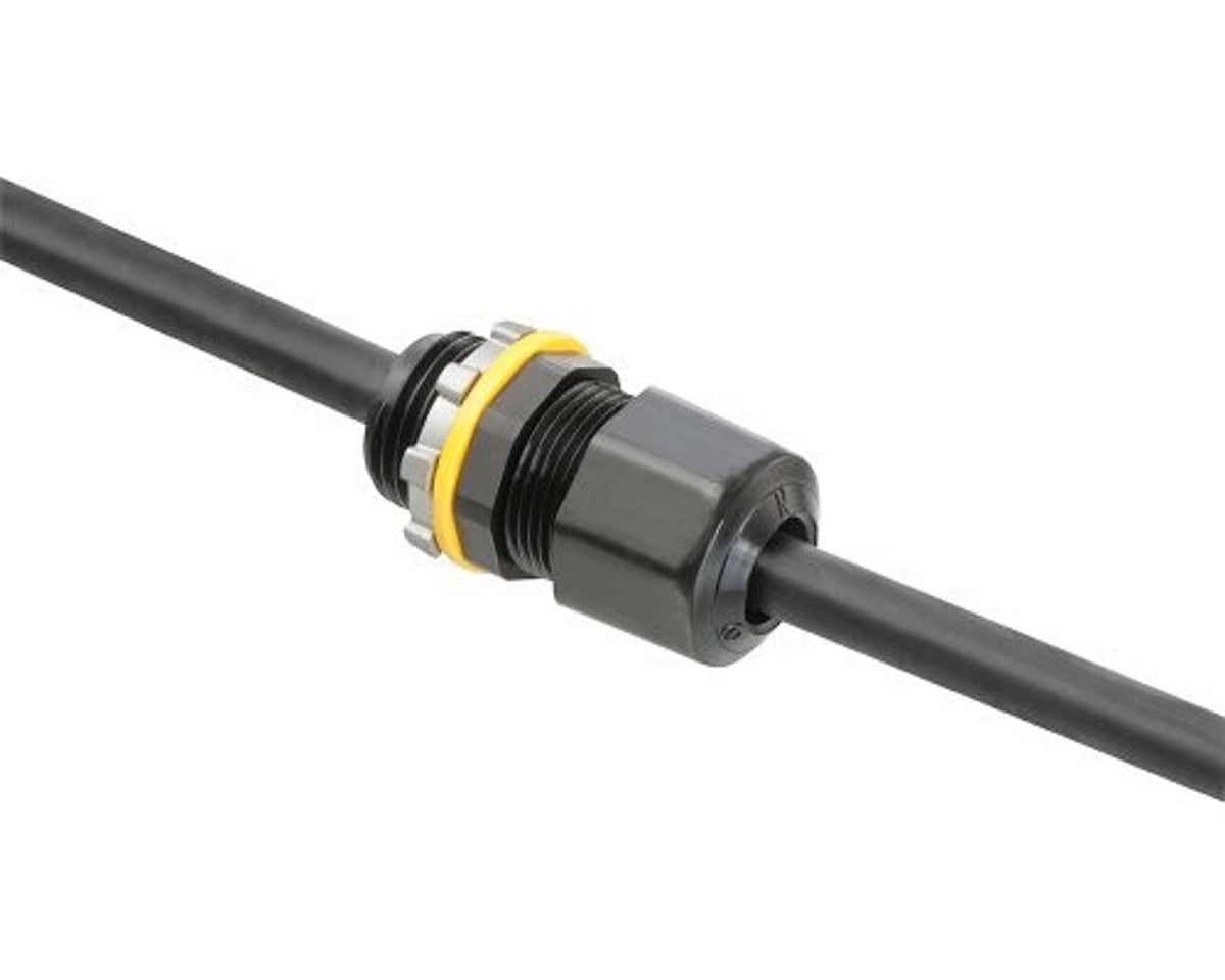 Gray cord connector with yellow strain-relief ring and internal threaded opening