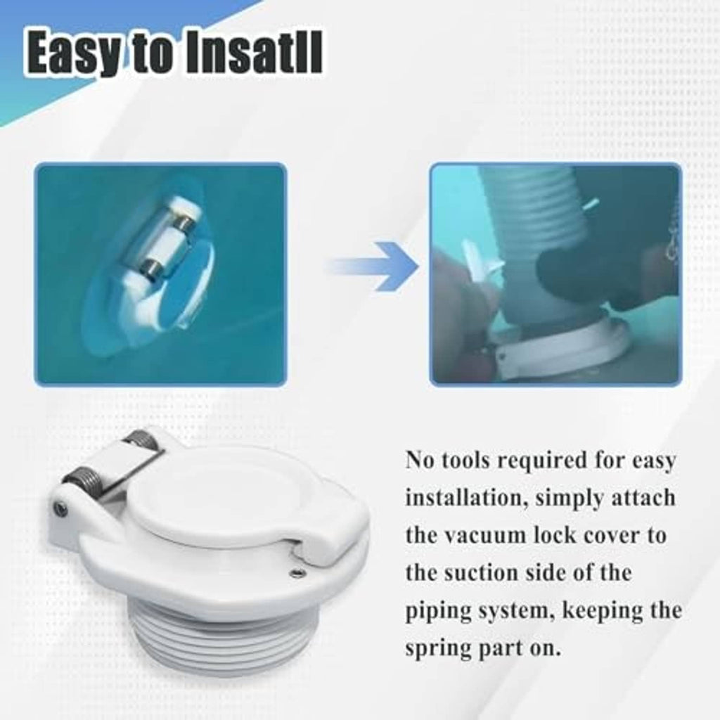 White pool vacuum safety lock cap attached to suction pipe with cover flap