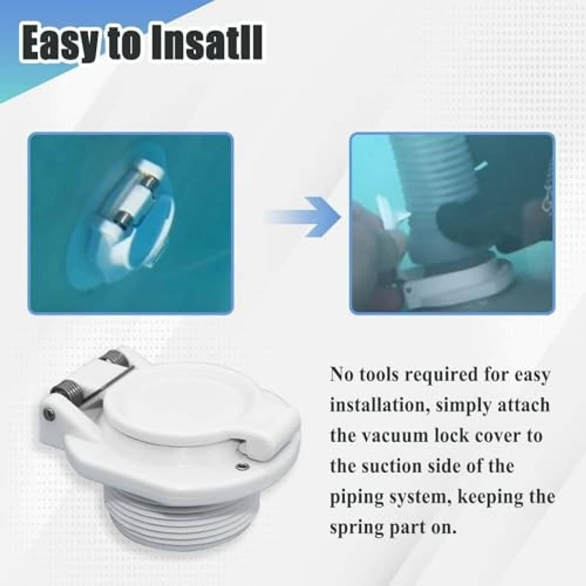 White pool vacuum safety lock cap attached to suction pipe with cover flap