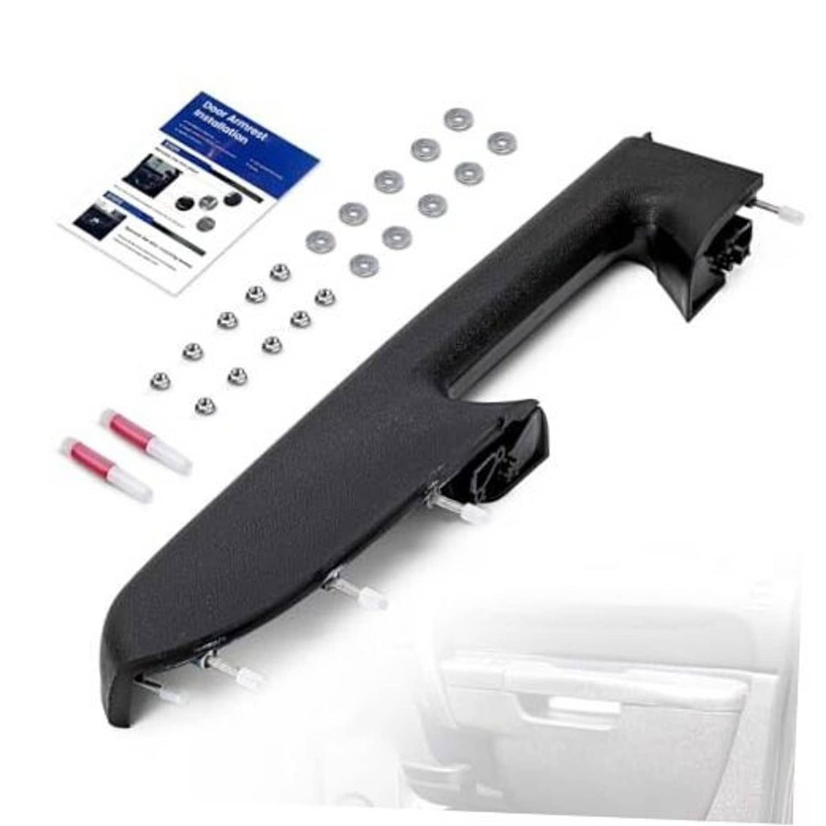 Black front passenger door armrest repair kit with mounting bracket and fasteners