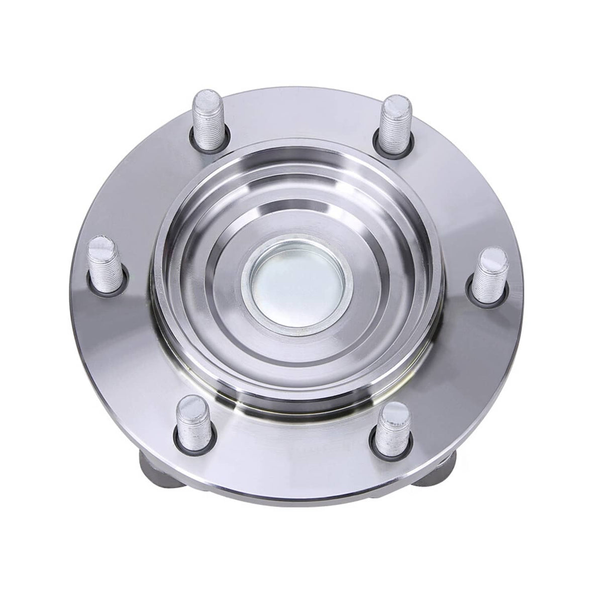 Wheel bearing hub assembly with silver circular rotor plate and six mounting posts