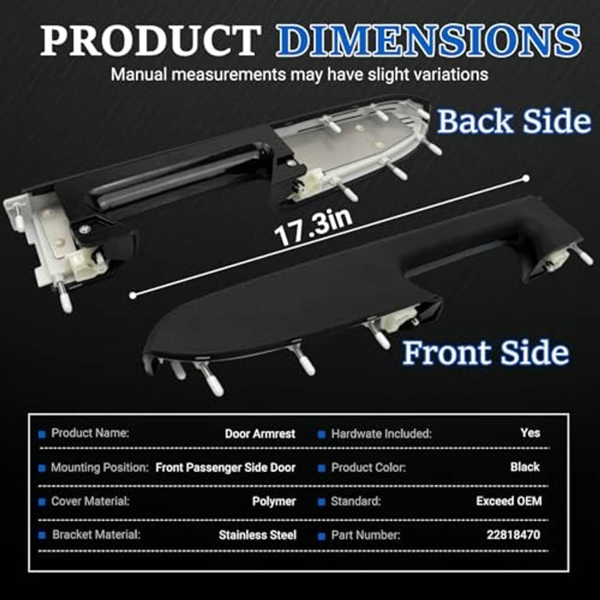 Front armrest repair kit dimensions view with front and back side measurements