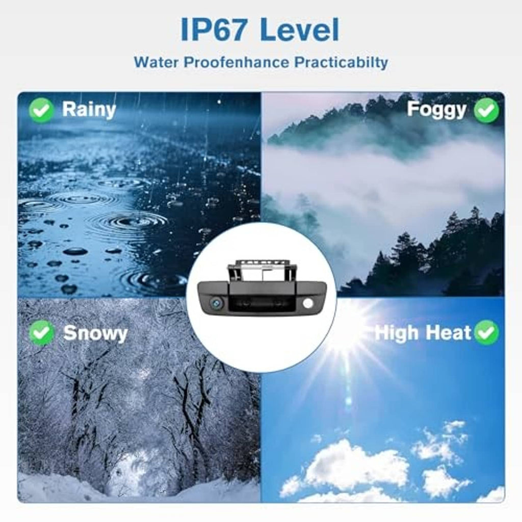 Backup camera tailgate handle module shown with IP67 weatherproof rating