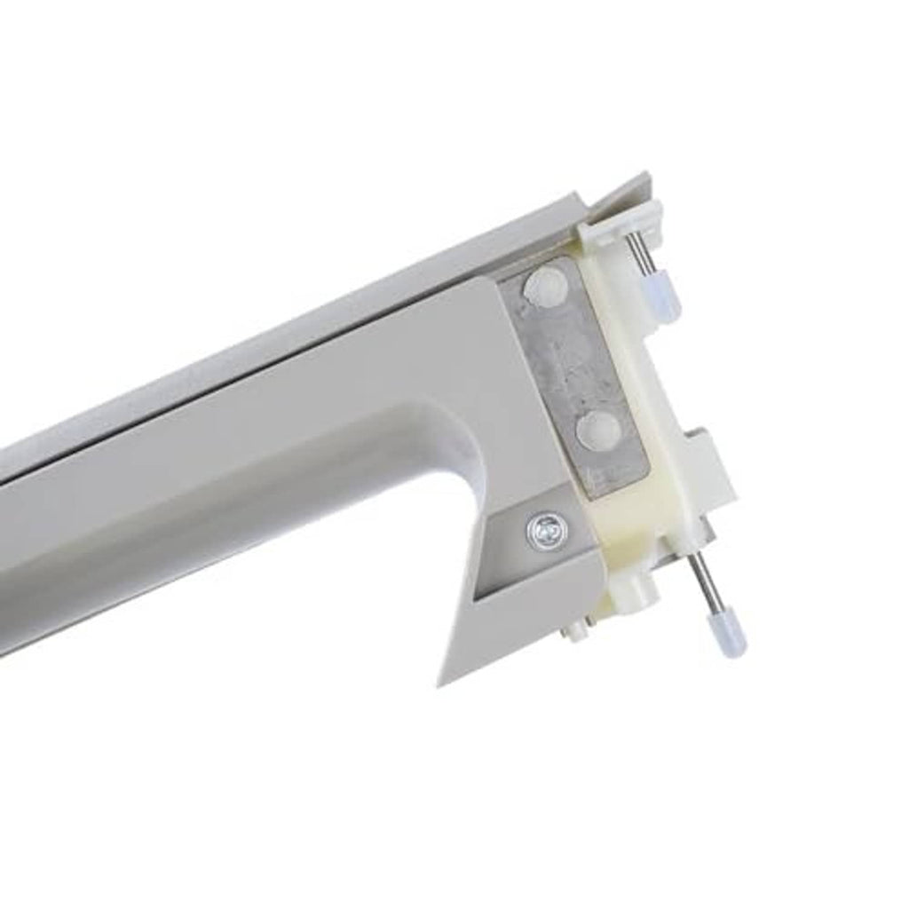 Close-up of gray armrest handle underside with mounting clips and connector piece