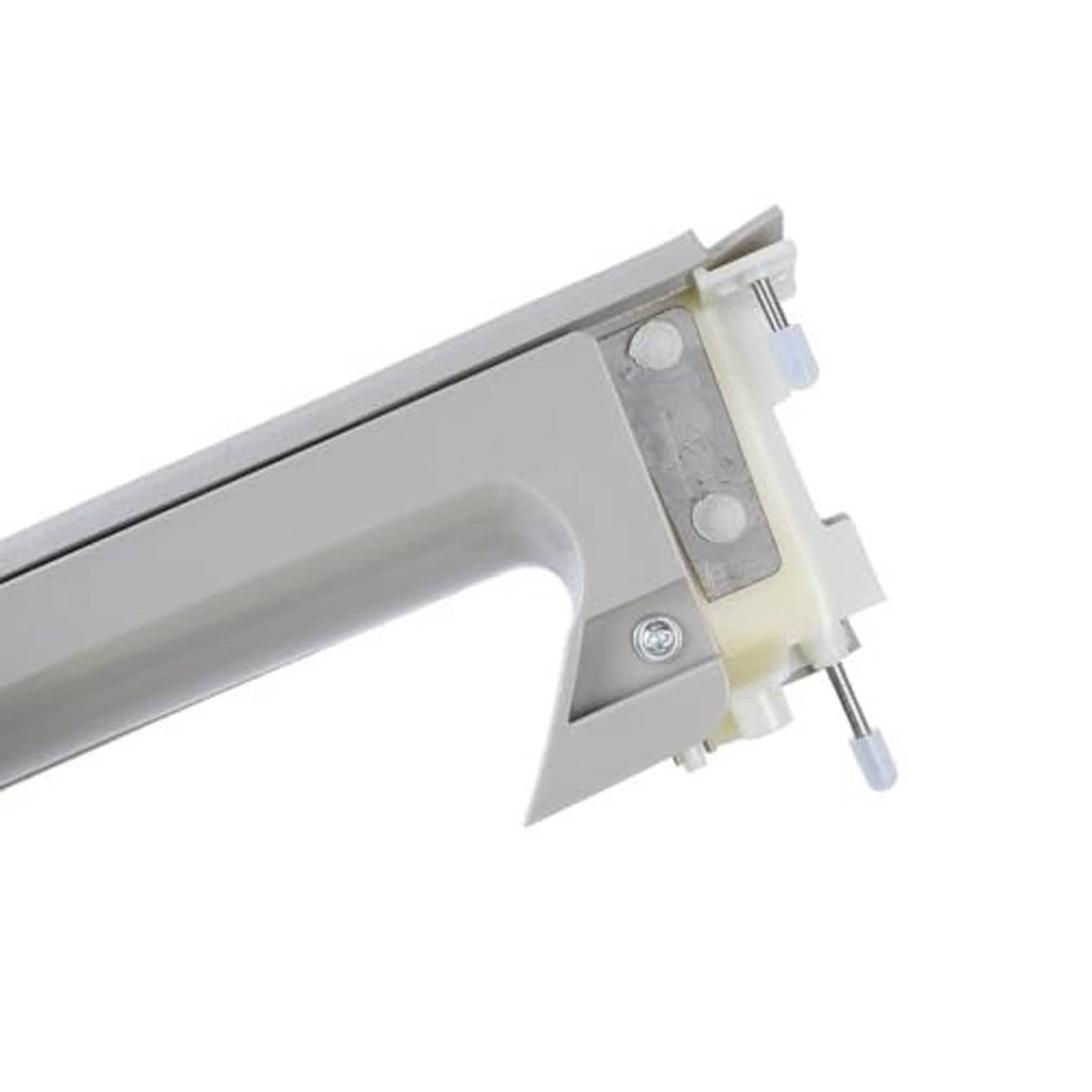 Close-up of gray armrest handle underside with mounting clips and connector piece