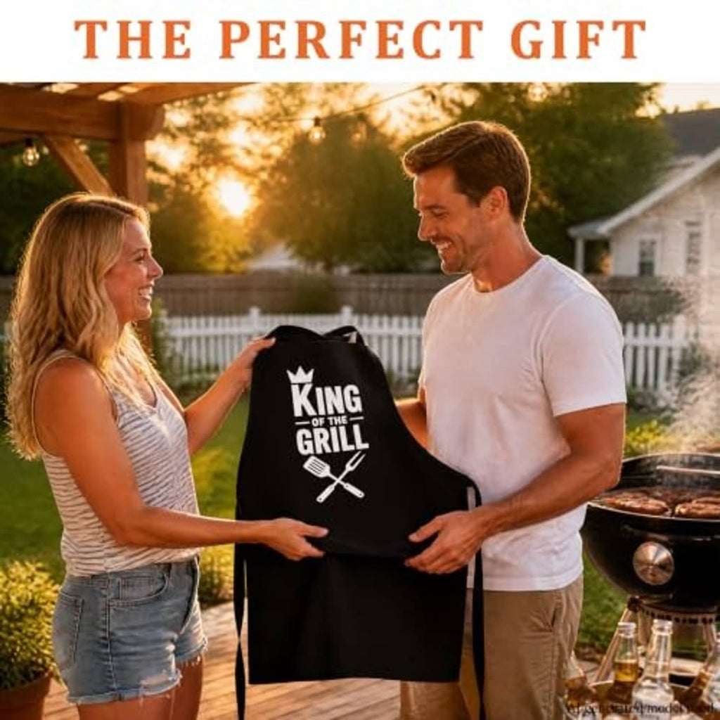 Black BBQ apron held by a couple, featuring the 'King of the Grill' crown logo