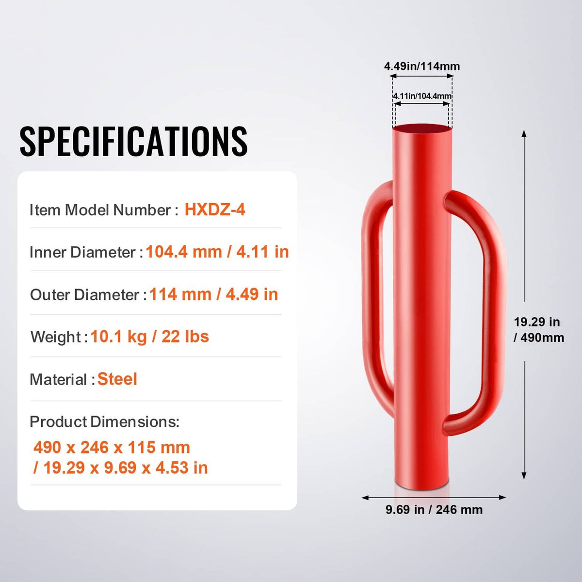 Steel post driver specifications view with red center shaft and U-shaped handles