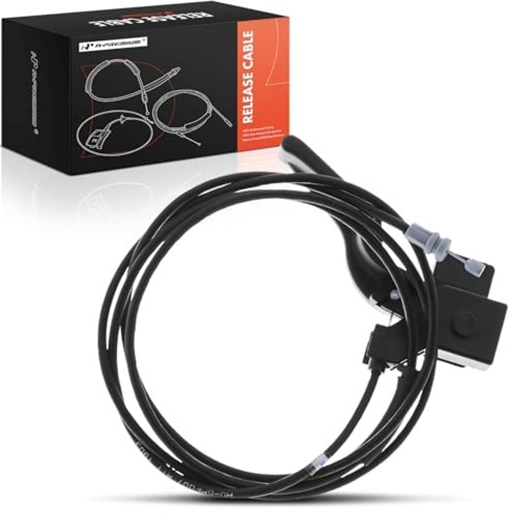 Engine hood release cable set with black handle and electrical connectors, coiled black wire