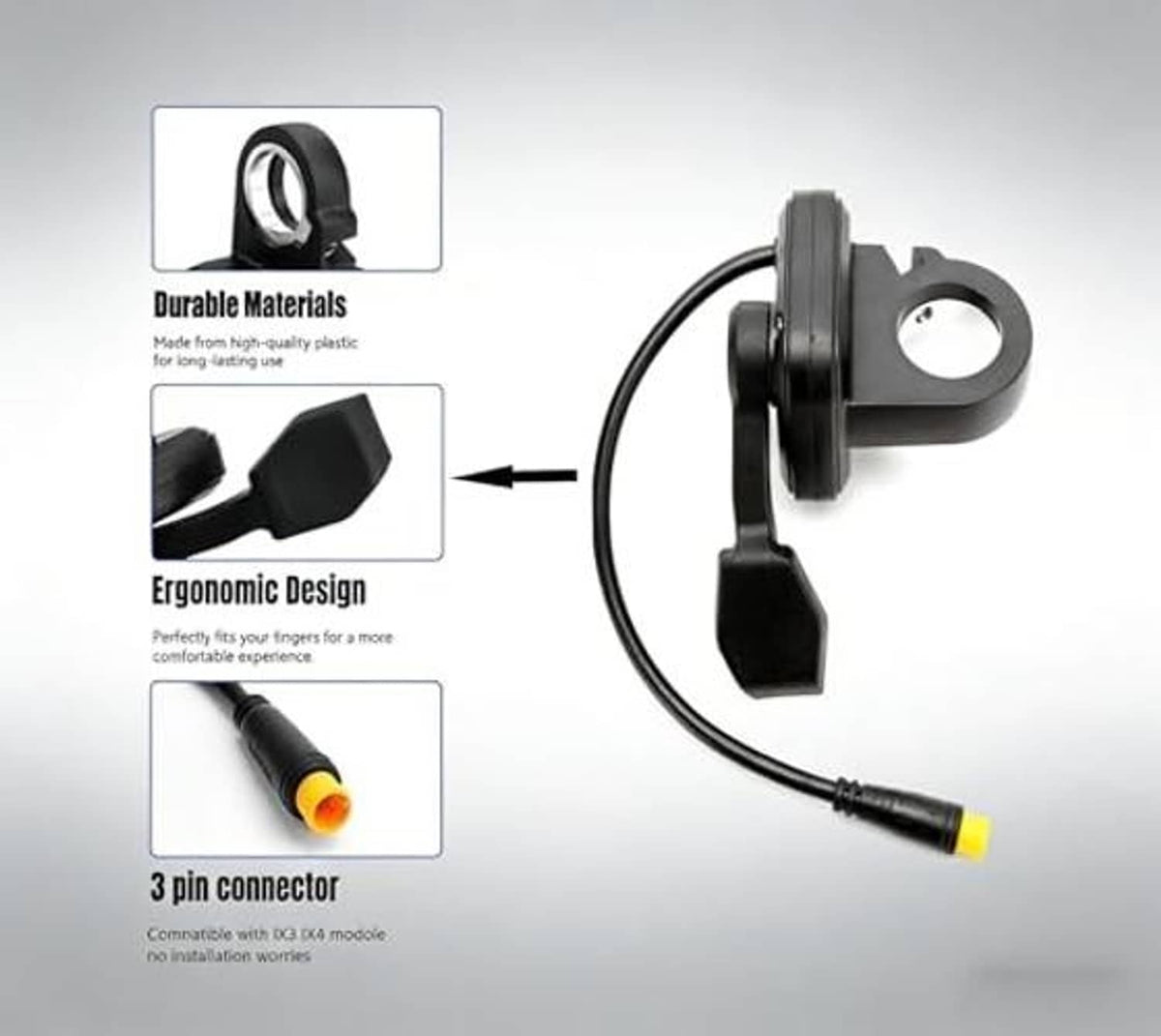 Black thumb throttle cable connector with 3-pin plug and ergonomic mounting parts.