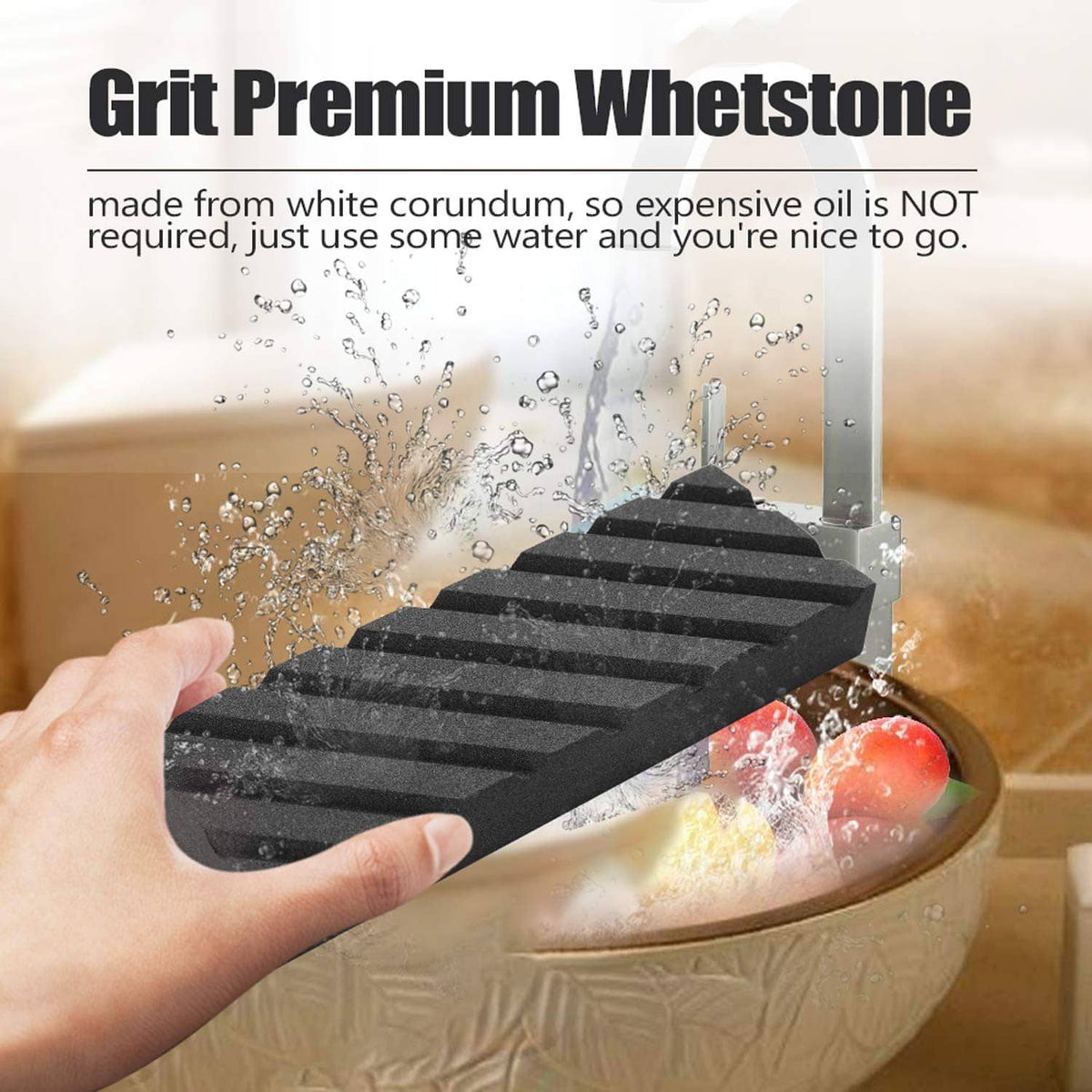 Black grooved grit whetstone with ridged, abrasive surface