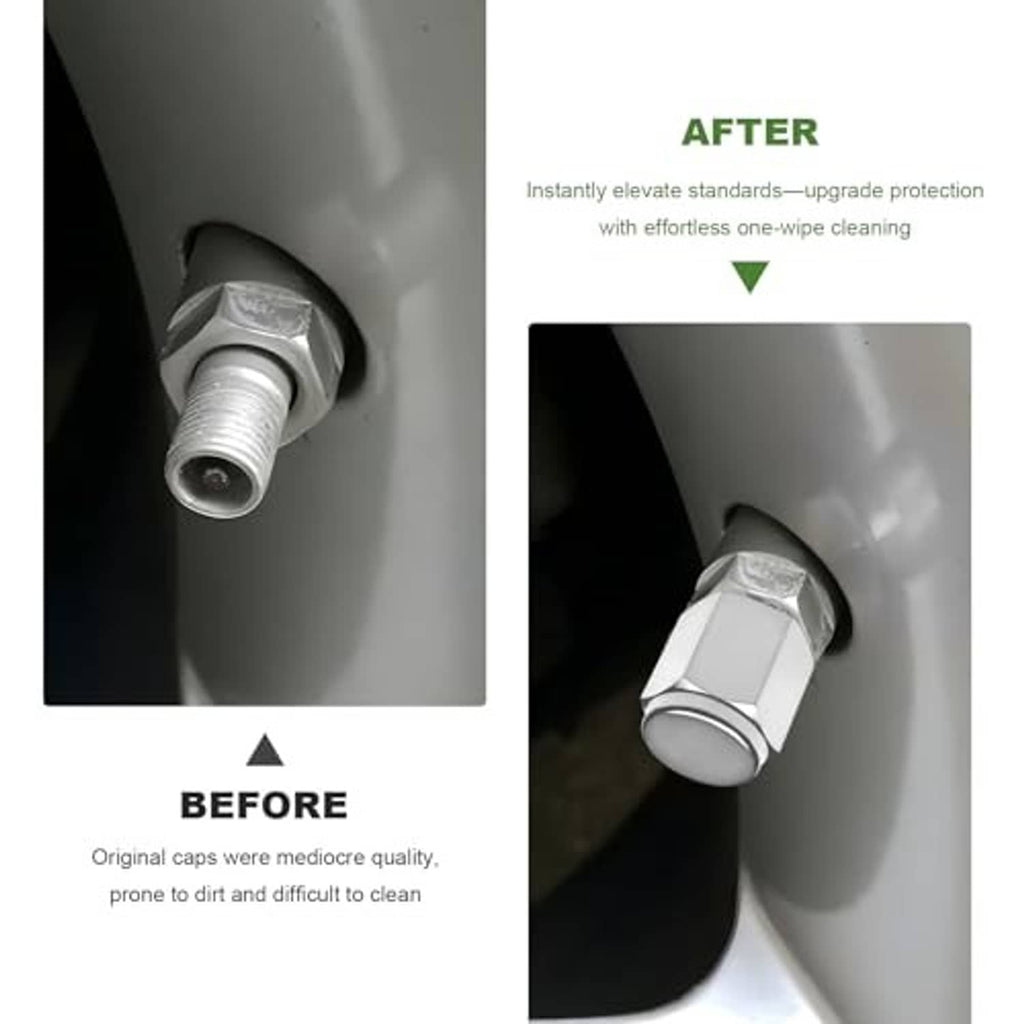 Silver tire valve stem cap shown on wheel before and after cleaning