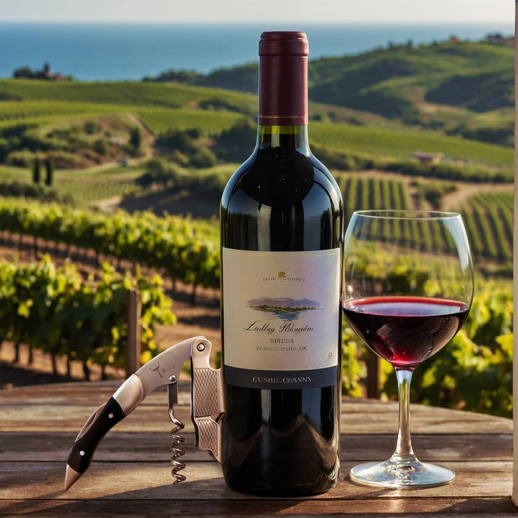 Wine corkscrew resting on table beside red wine bottle, sapphire-blue handle