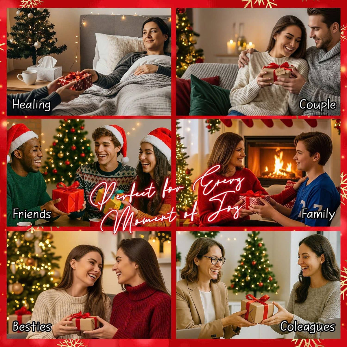 Santa-themed holiday affirmation card gift set shown with friends and family holding gifts