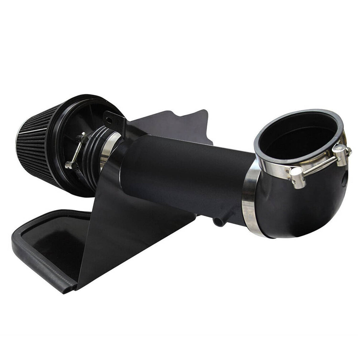Intake tube with cone air filter and metal coupler, paired with heat shield panels